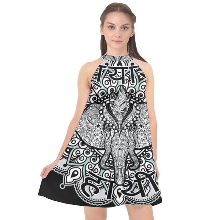 Ornate Hindu Elephant  Halter Neckline Chiffon Dress 