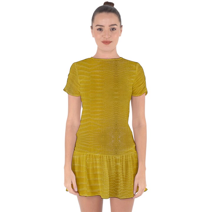 Yellow Alligator Skin Drop Hem Mini Chiffon Dress