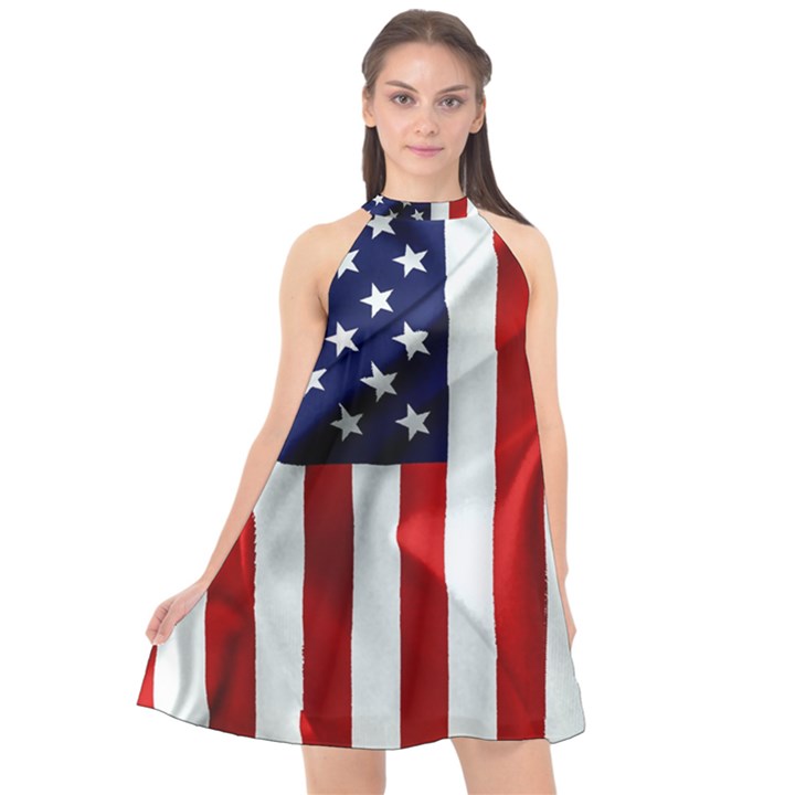 American Usa Flag Vertical Halter Neckline Chiffon Dress 