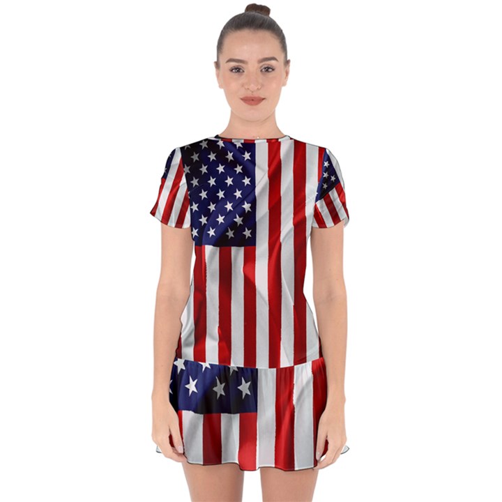 American Usa Flag Vertical Drop Hem Mini Chiffon Dress