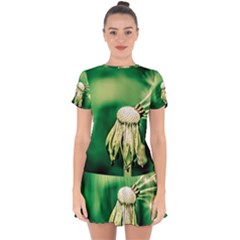 Dandelion Flower Green Chief Drop Hem Mini Chiffon Dress by FunnyCow