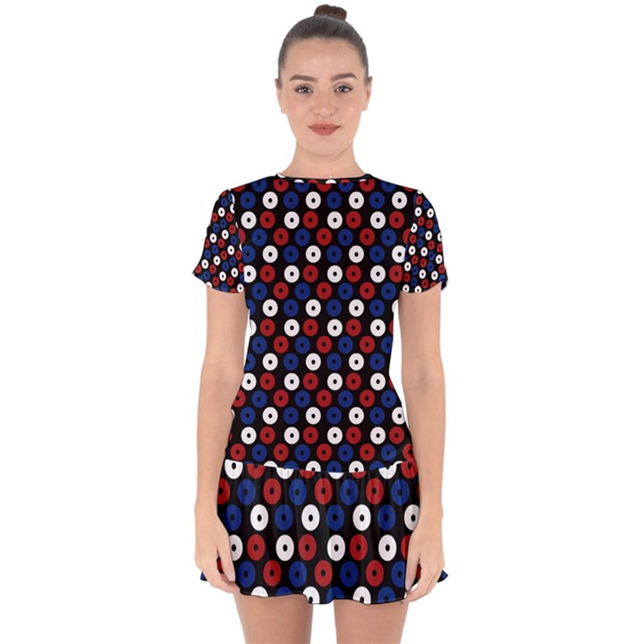 Eye Dots Red Blue Drop Hem Mini Chiffon Dress