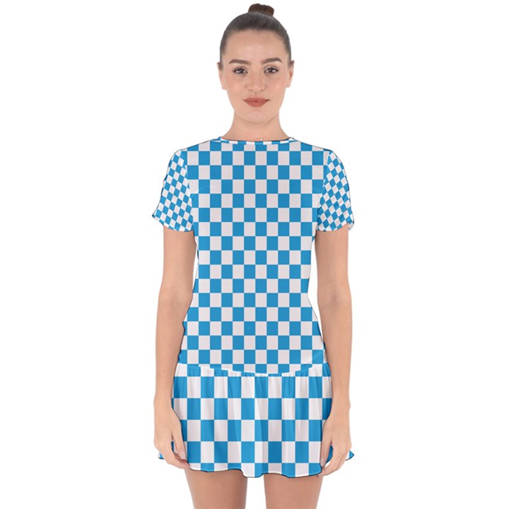 Oktoberfest Bavarian Large Blue and White Checkerboard Drop Hem Mini Chiffon Dress