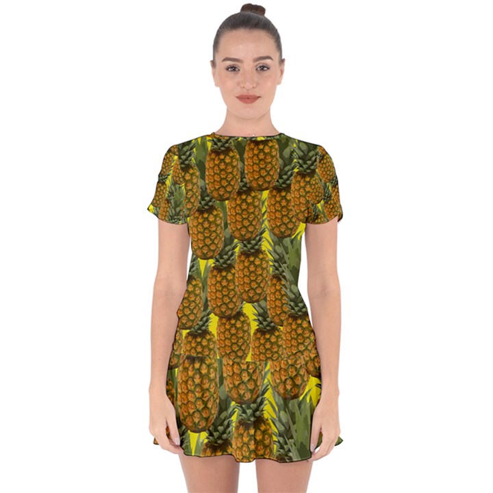 Tropical Pineapple Drop Hem Mini Chiffon Dress