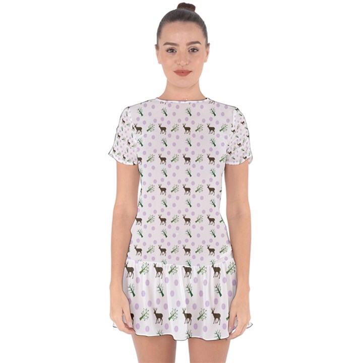 White Deer Pattern Drop Hem Mini Chiffon Dress