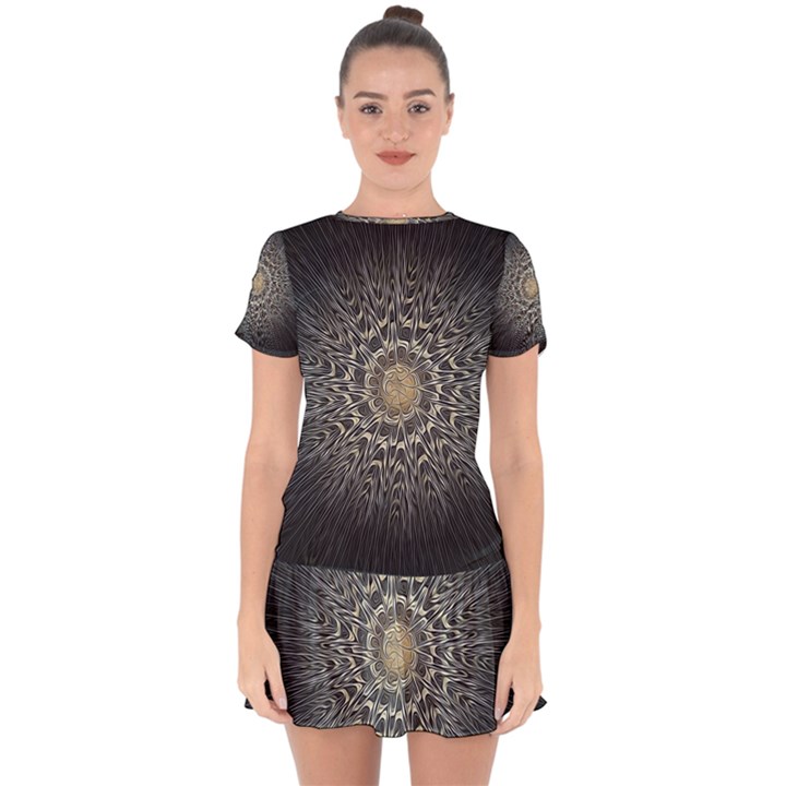 Fractal Mandala Feathers Grey Drop Hem Mini Chiffon Dress