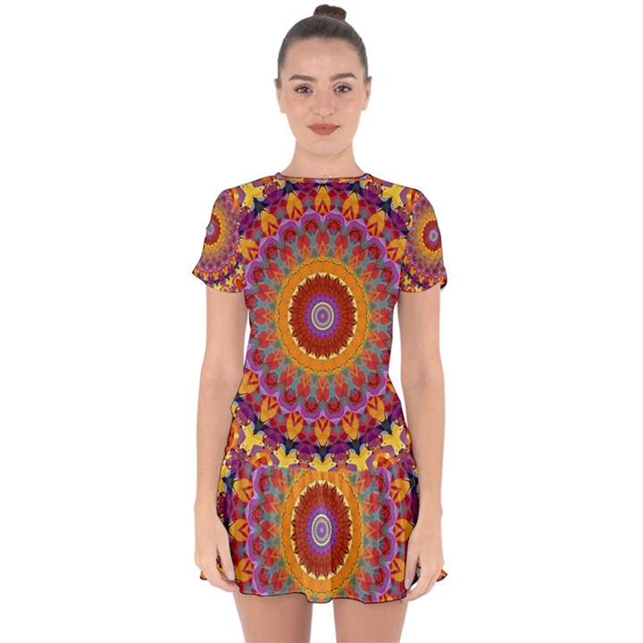 Fractal Kaleidoscope Mandala Drop Hem Mini Chiffon Dress