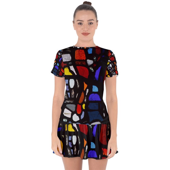 Art Bright Lead Glass Pattern Drop Hem Mini Chiffon Dress