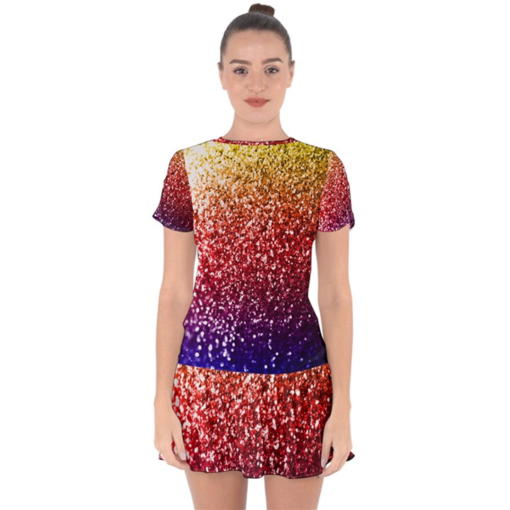 Rainbow Glitter Graphic Drop Hem Mini Chiffon Dress