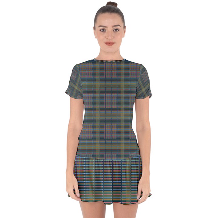 Plaid Pencil Crayon Pattern Drop Hem Mini Chiffon Dress