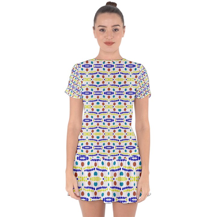 Retro Blue Yellow Brown Teal Dot Pattern Drop Hem Mini Chiffon Dress