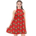 Trump Wrait Pattern Make Christmas Great Again MAGA Funny Red Gift with Snowflakes and Trump Face smiling Halter Neckline Chiffon Dress  View1