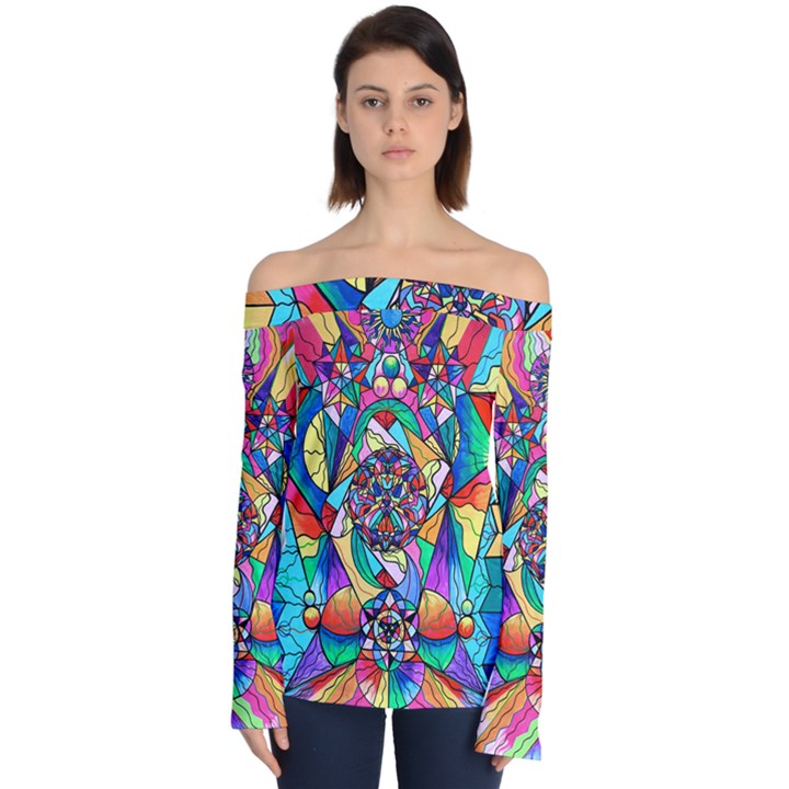 Blue Ray Transcendance Grid - Off Shoulder Long Sleeve Top