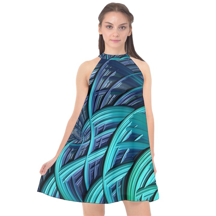 Oceanic Fractal Turquoise Blue Halter Neckline Chiffon Dress 