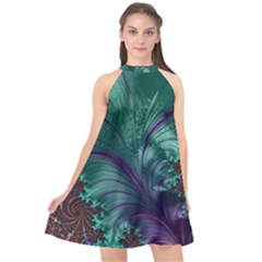 Fractal Turquoise Feather Swirl Halter Neckline Chiffon Dress  by Pakrebo