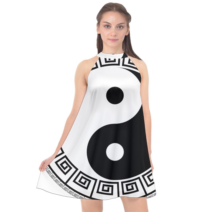 Yin Yang Eastern Asian Philosophy Halter Neckline Chiffon Dress 