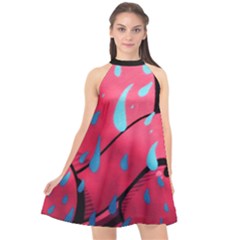 Graffiti Watermelon Pink With Light Blue Drops Retro Halter Neckline Chiffon Dress  by genx