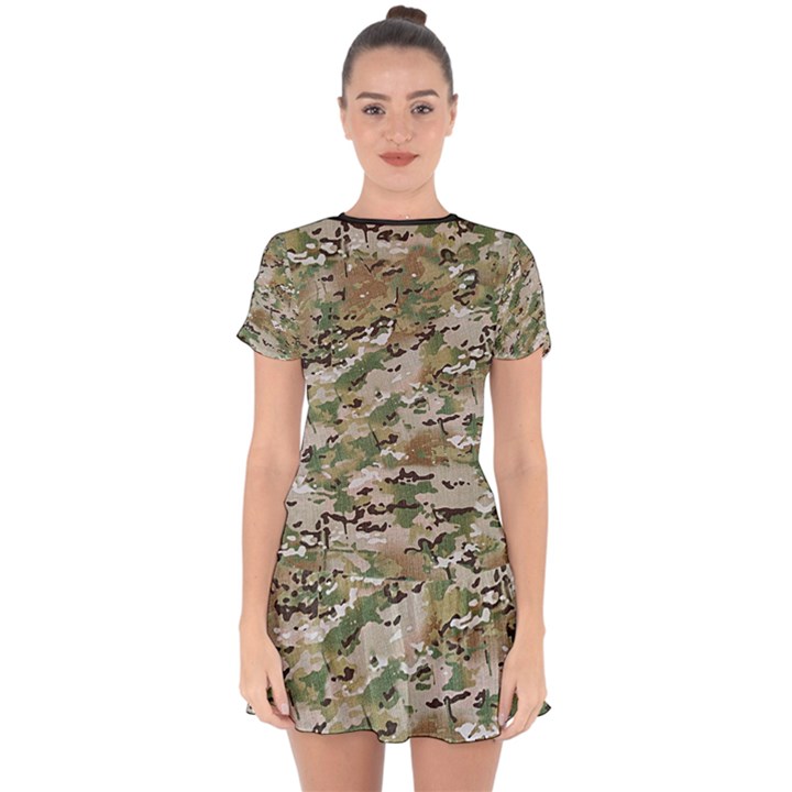 Wood camouflage military army green khaki pattern Drop Hem Mini Chiffon Dress