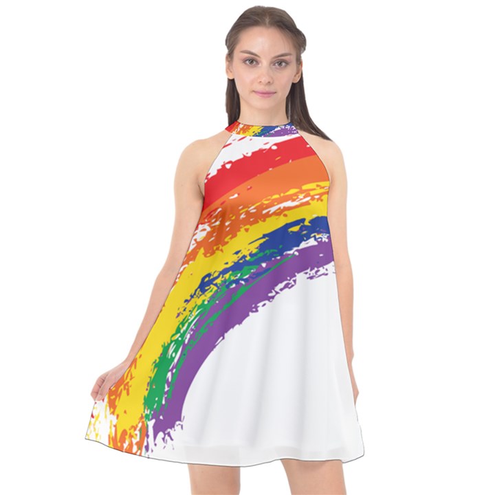 Watercolor Painting Rainbow Halter Neckline Chiffon Dress 