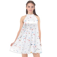 Ribbon Polka Halter Neckline Chiffon Dress  by Mariart