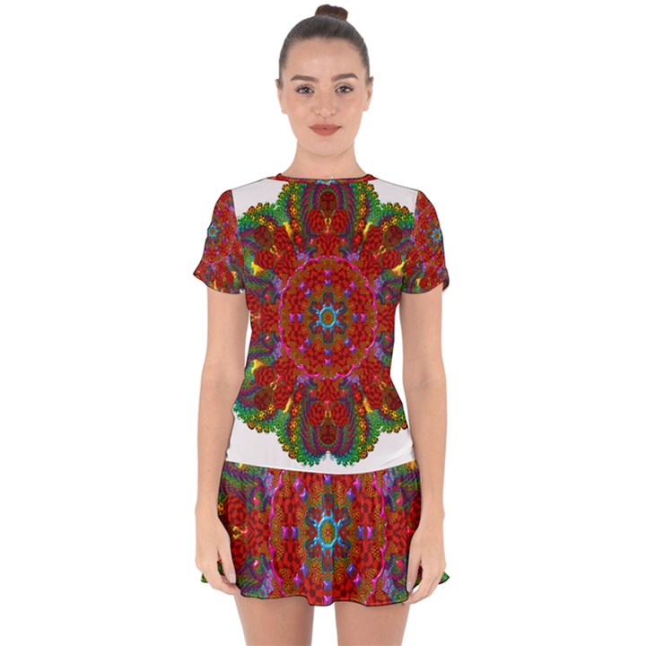 Mandala Fractal Graphic Design Drop Hem Mini Chiffon Dress