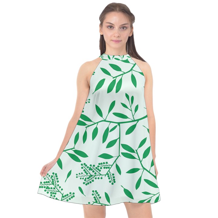 Leaves Foliage Green Wallpaper Halter Neckline Chiffon Dress 