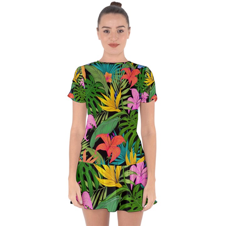 Tropical Adventure Drop Hem Mini Chiffon Dress