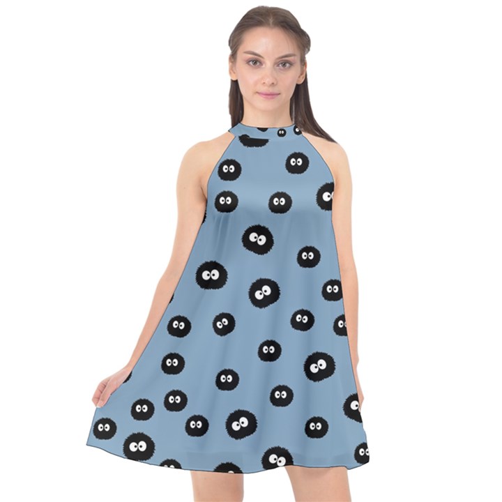 Totoro - Soot Sprites Pattern Halter Neckline Chiffon Dress 