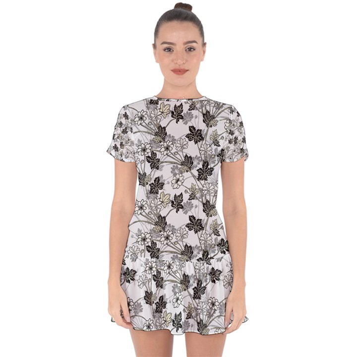 Black And White Floral Pattern Background Drop Hem Mini Chiffon Dress