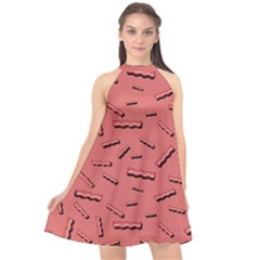 Funny Bacon Slices Pattern Infidel Vintage Red Meat Background  Halter Neckline Chiffon Dress  by genx