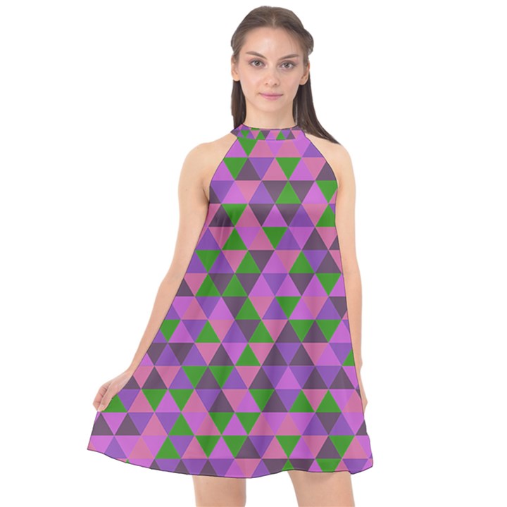 Retro Pink Purple Geometric Pattern Halter Neckline Chiffon Dress 