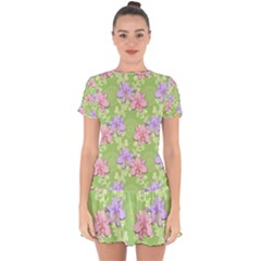 Lily Flowers Green Plant Natural Drop Hem Mini Chiffon Dress by Pakrebo