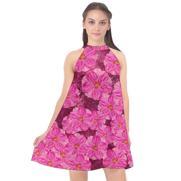 Cherry Blossoms Floral Design Halter Neckline Chiffon Dress 