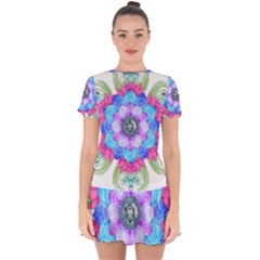 Lotus Flower Bird Metatron s Cube Drop Hem Mini Chiffon Dress by Pakrebo