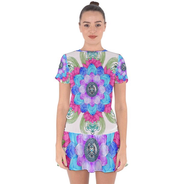 Lotus Flower Bird Metatron s Cube Drop Hem Mini Chiffon Dress