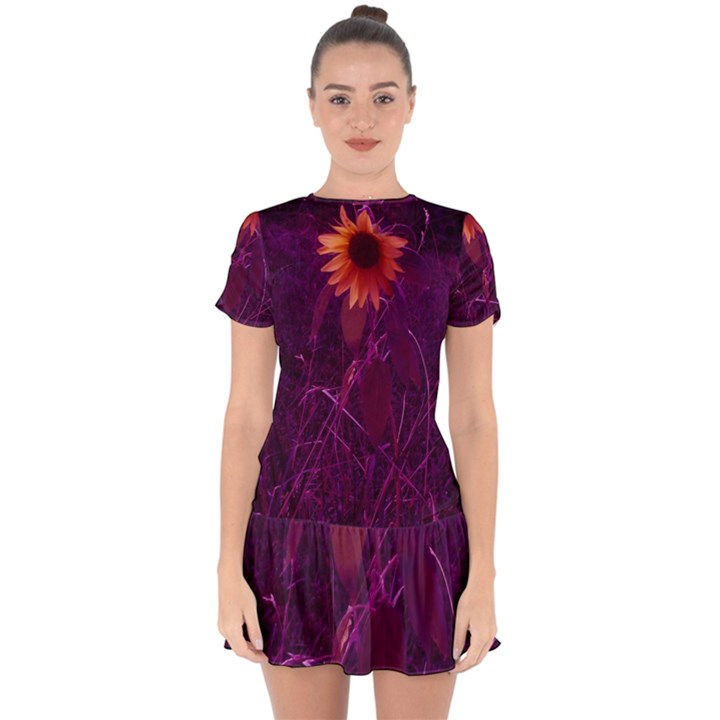 Purple Sunflower Drop Hem Mini Chiffon Dress