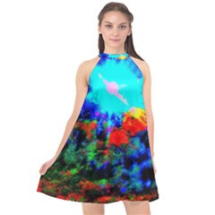 Psychedelic Spaceship Halter Neckline Chiffon Dress  by okhismakingart