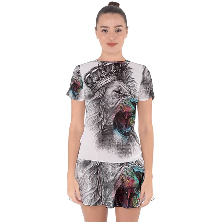 Lion King Head Drop Hem Mini Chiffon Dress