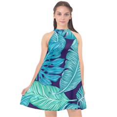 Tropical Greens Leaves Banana Halter Neckline Chiffon Dress  by HermanTelo