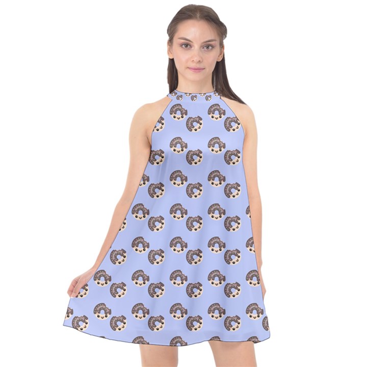 Kawaii Dougnut Blue Pattern Halter Neckline Chiffon Dress 