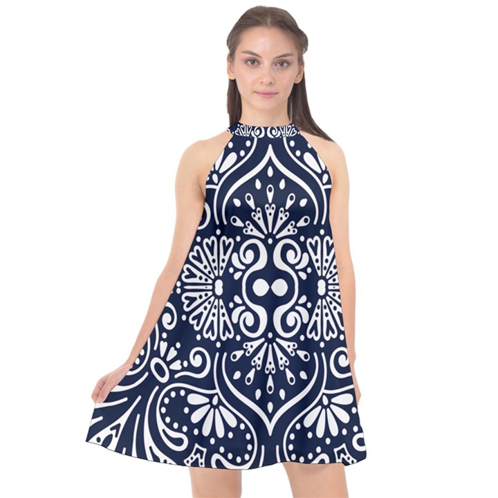 mandala pattern Halter Neckline Chiffon Dress 