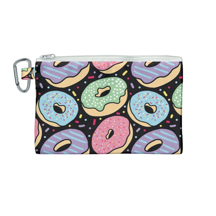 Colorful Donut Seamless Pattern On Black Vector Canvas Cosmetic Bag (Medium)