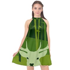 Forest Deer Tree Green Nature Halter Neckline Chiffon Dress  by HermanTelo