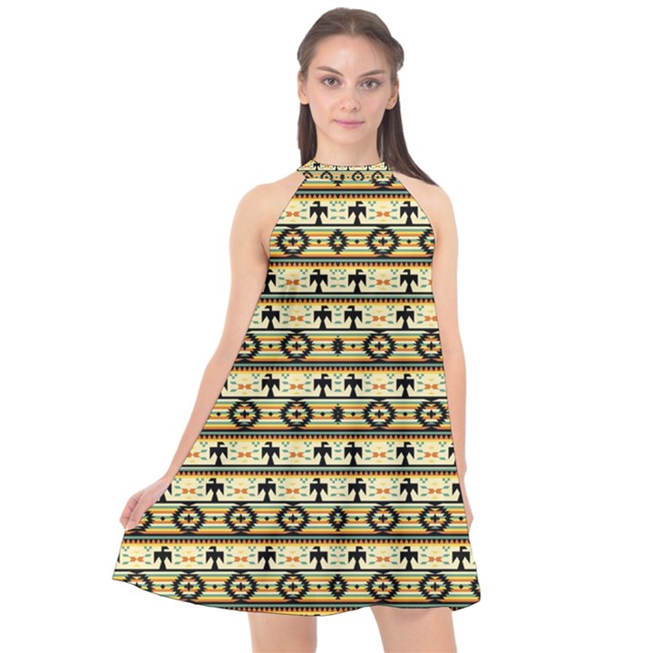 Native American Pattern Halter Neckline Chiffon Dress 