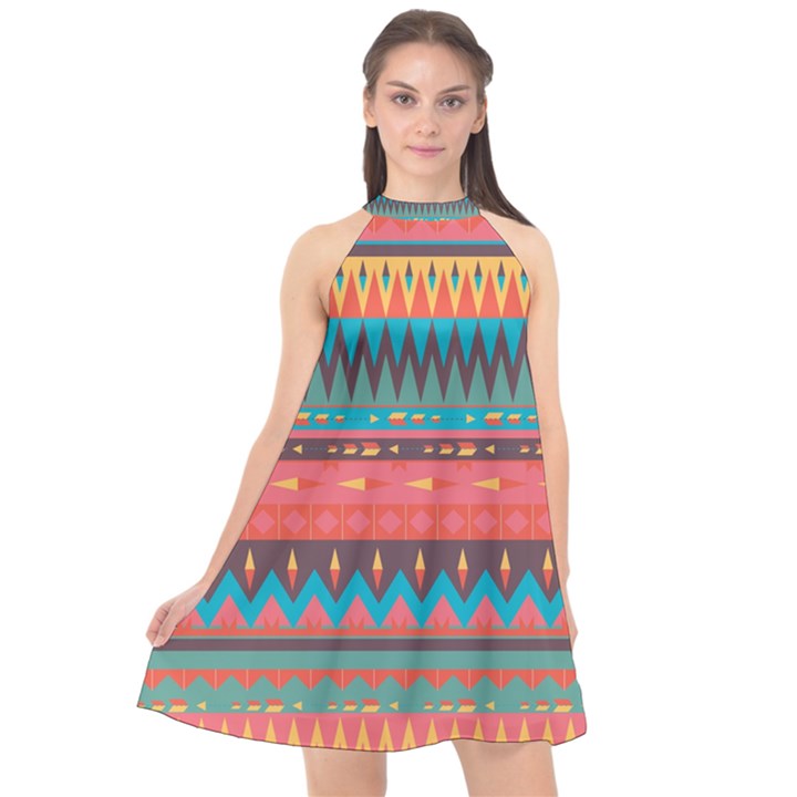 Native American Pattern Halter Neckline Chiffon Dress 