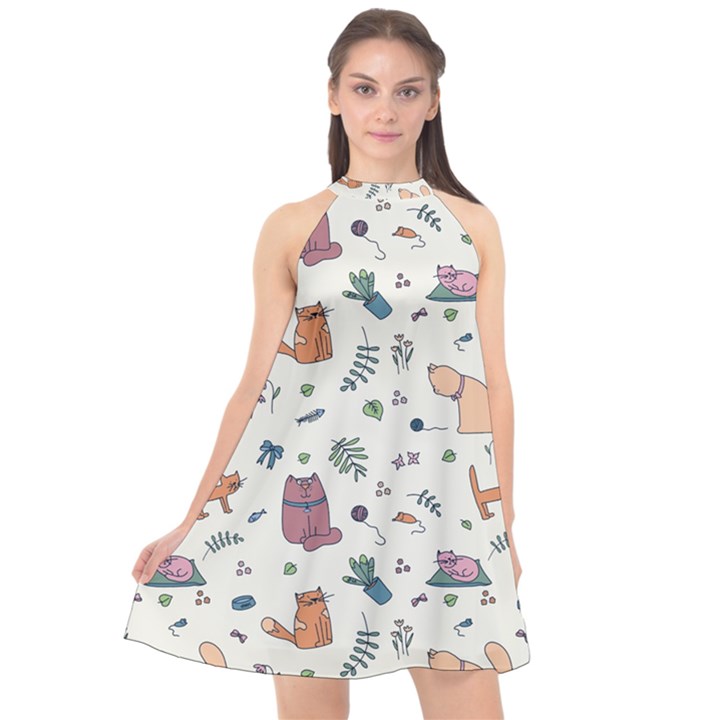 Funny Cats Halter Neckline Chiffon Dress 