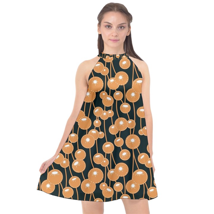 Orange Dandelions On A Dark Background Halter Neckline Chiffon Dress 