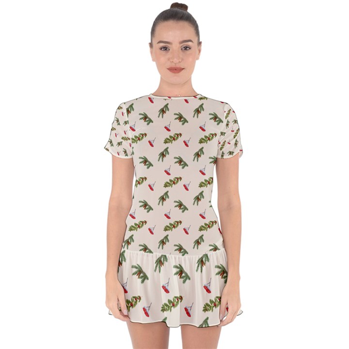 Spruce And Pine Branches Drop Hem Mini Chiffon Dress