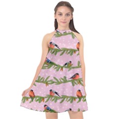 Bullfinches Sit On Branches On A Pink Background Halter Neckline Chiffon Dress  by SychEva