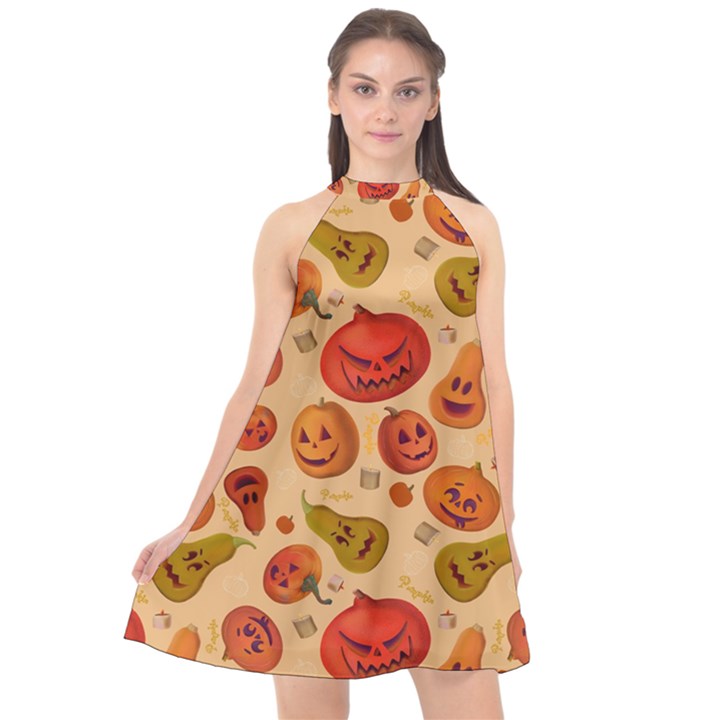 Pumpkin Muzzles Halter Neckline Chiffon Dress 